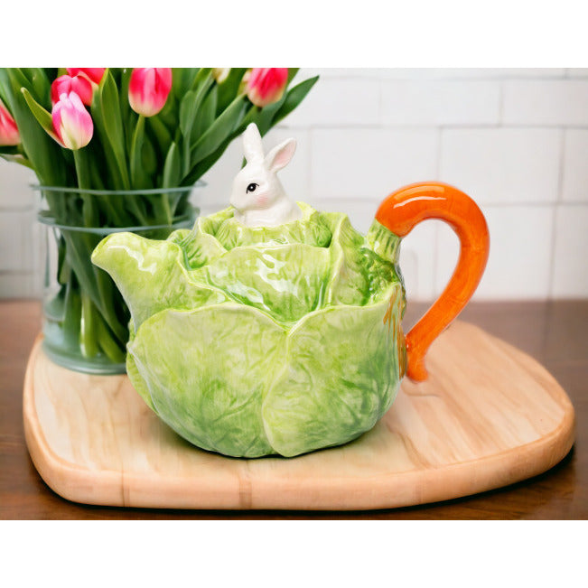 Ceramic Easter Bunny Rabbit on Cabbage TeapotTea Lover Gift, Image 1