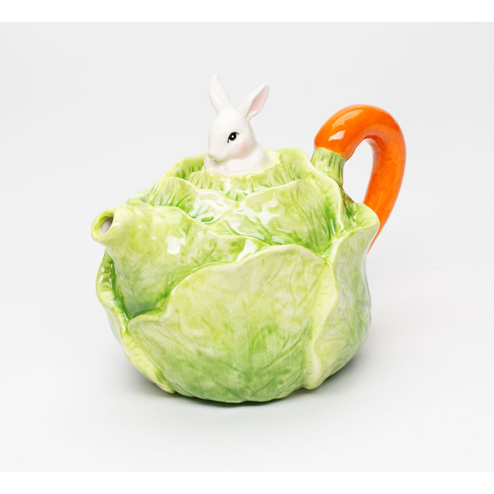 Ceramic Easter Bunny Rabbit on Cabbage TeapotTea Lover Gift, Image 2