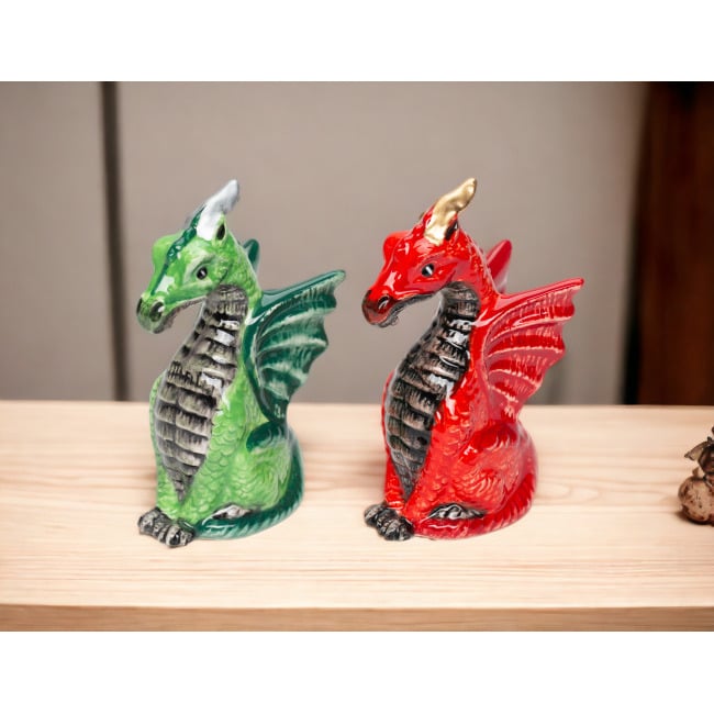 Ceramic Dragon Salt and Pepper Shakers Red Green 4" Gift Image 2