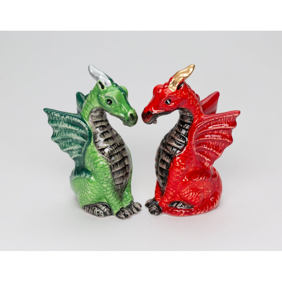 Ceramic Dragon Salt and Pepper Shakers Red Green 4" Gift Image 4