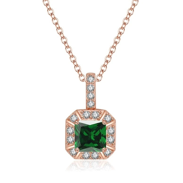 Paris Jewelry 18K Rose Gold 1ct Halo Emerald Square 18 Inch Necklace Plated Image 1