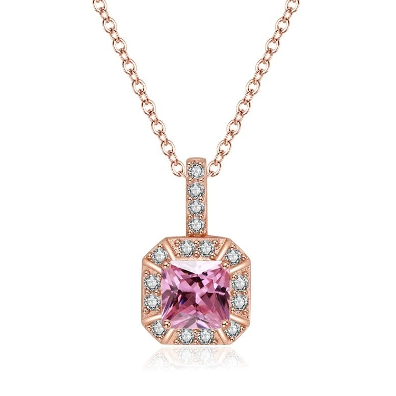 Paris Jewelry 18K Rose Gold Plated 1ct Pink Sapphire Halo Necklace 18 Inch Image 1