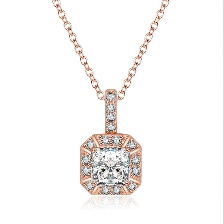 Paris Jewelry 18K Rose Gold 1ct Halo White Sapphire Square 18 Inch Necklace Plated Image 1