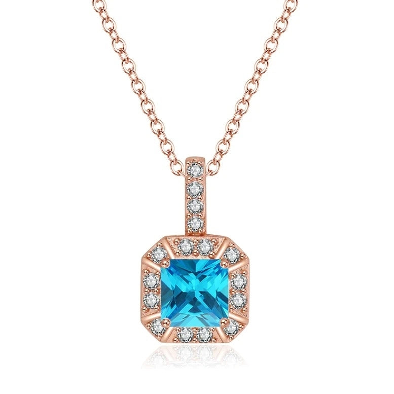 Paris Jewelry 18K Rose Gold 1ct Halo Blue Topaz Square 18 Inch Necklace Plated Image 1