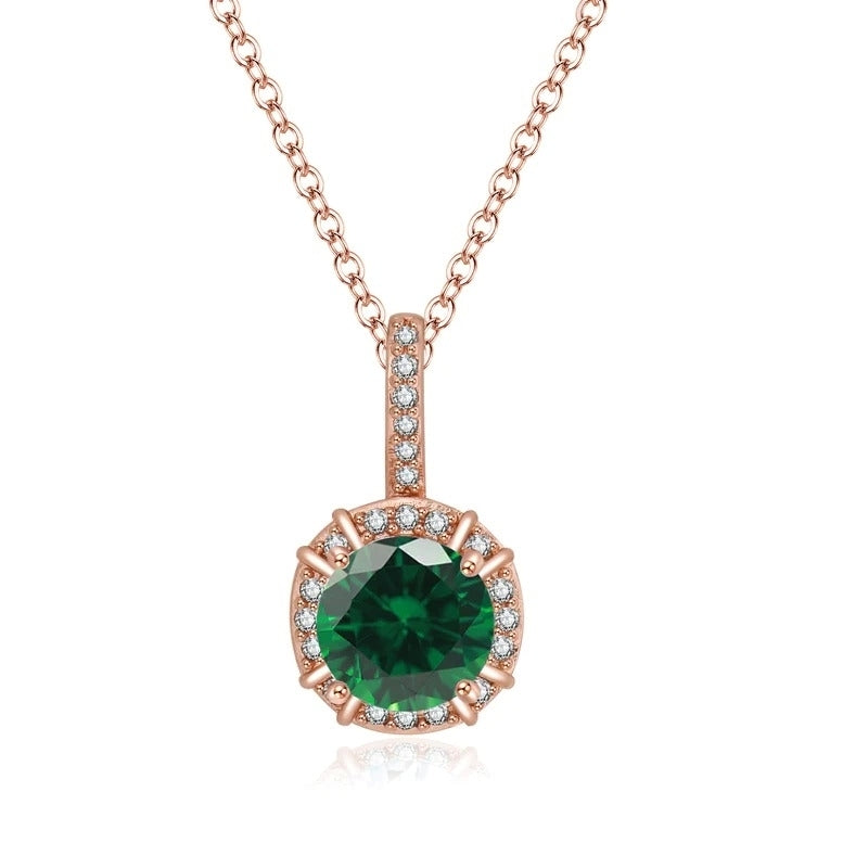 Paris Jewelry 18K Rose Gold 1ct Halo Emerald Round 18 Inch Necklace Plated Image 1