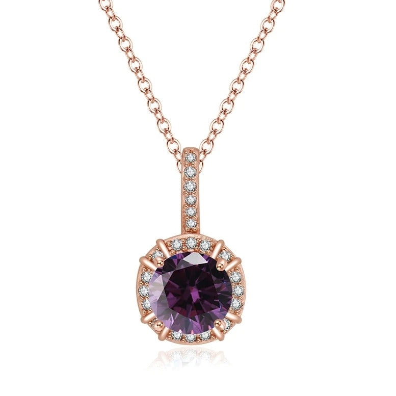 Paris Jewelry 18K Rose Gold 1ct Halo Amethyst Round 18 Inch Necklace Plated Image 1