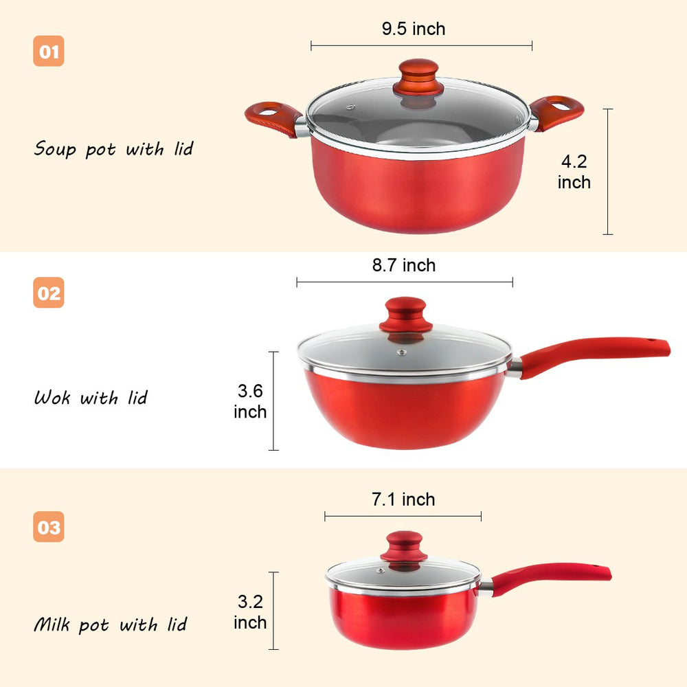6 PCS Kitchen Nonstick Pan Red Cookware Set Image 2