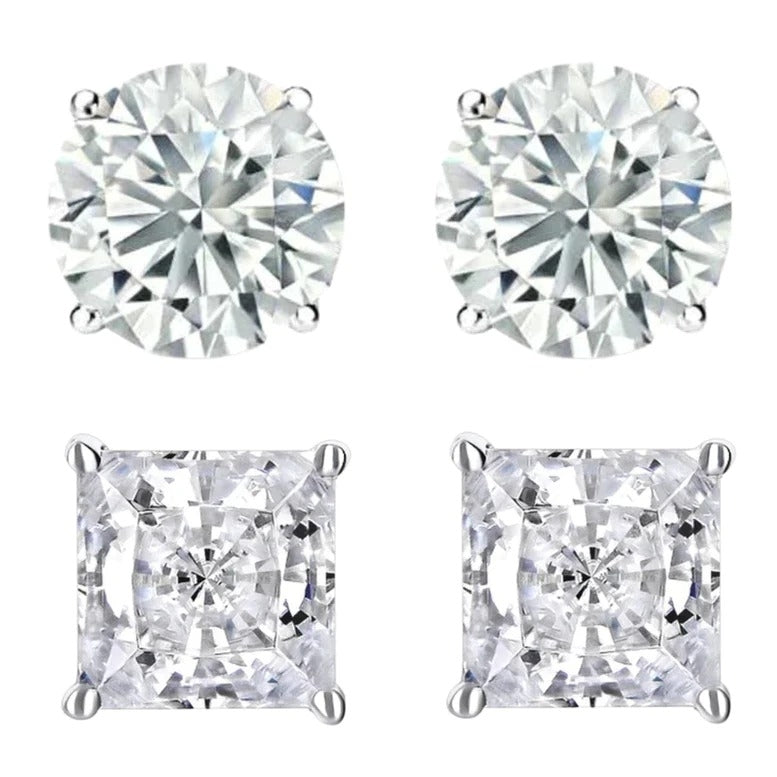 14k White Gold 1/2 Carat Solitaire Created Diamond 2 Pair Round And Princess Stud Earrings Image 1