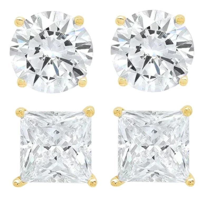 14k Yellow Gold 1/2 Carat Solitaire Created Diamond 2 Pair Round And Princess Stud Earrings Image 1