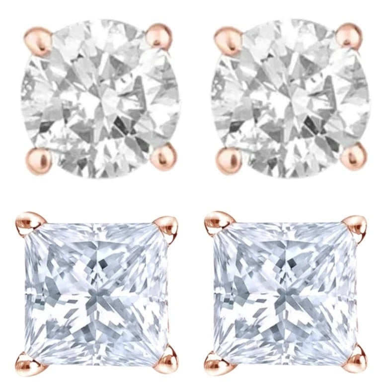 14k Rose Gold 1/2 Carat Solitaire Created Diamond 2 Pair Round And Princess Stud Earrings Image 1