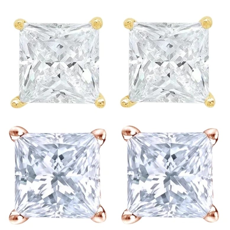 14k Yellow Rose Gold 1/2 Carat Solitaire Created Diamond Princess Stud Earrings Image 1