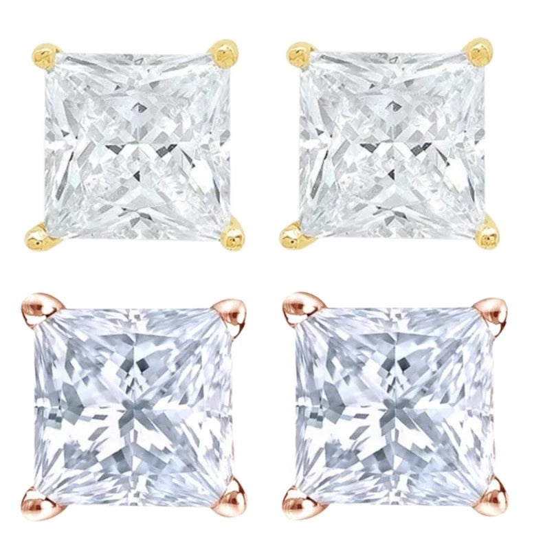 14k Yellow Rose Gold 1/4ct Solitaire Diamond Princess Stud Earrings Gift Boxed Image 1