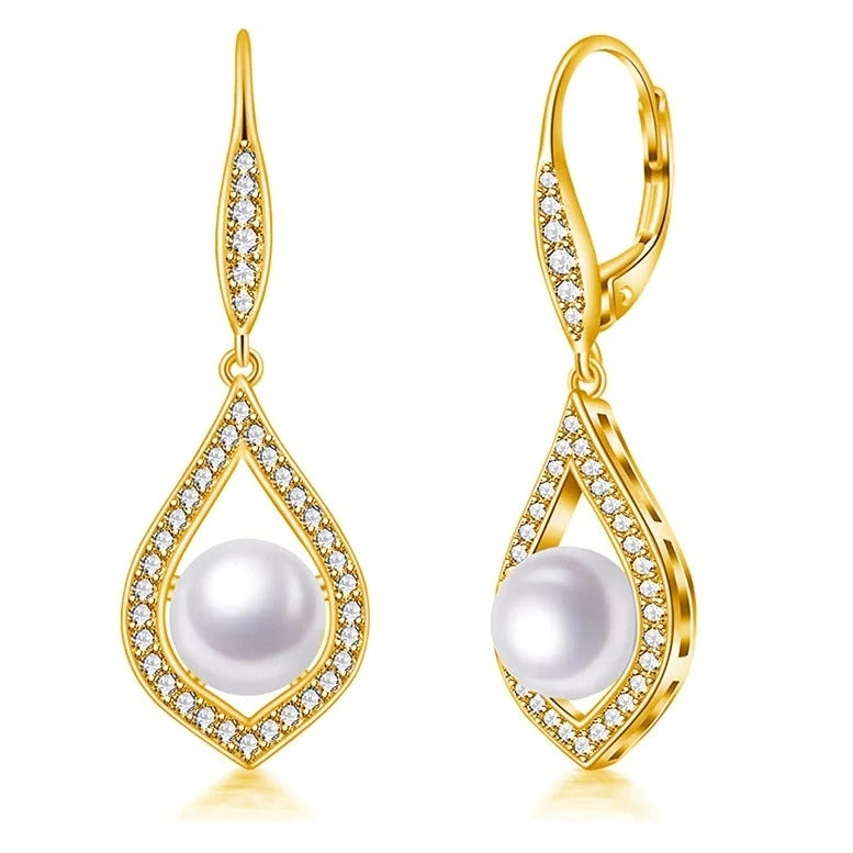 18K Yellow Gold Plated Lever Back Teardrop White Pearl Earrings 8mm Created Sapphire Image 1