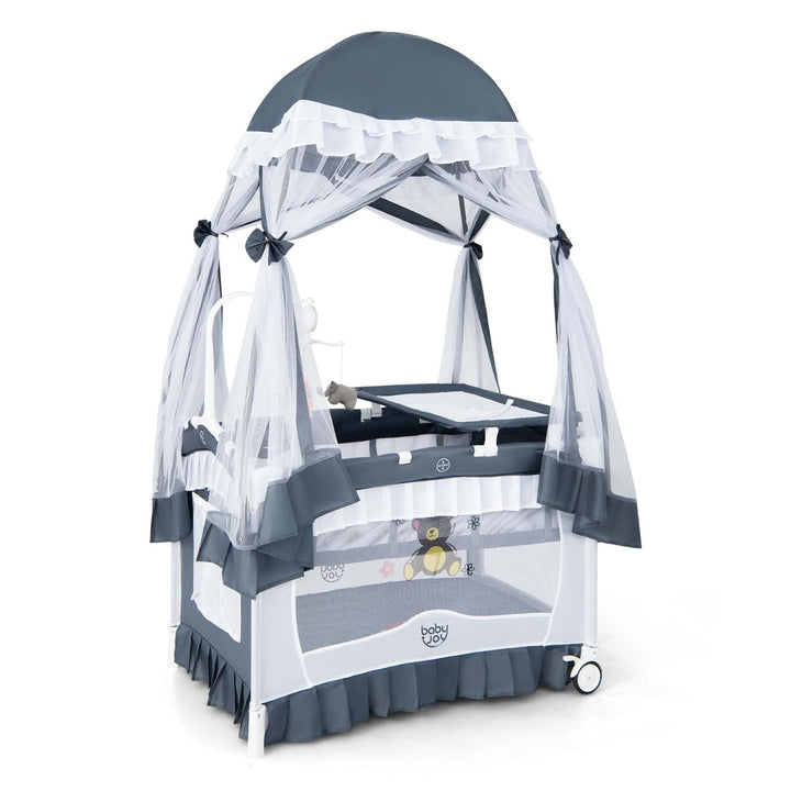 4 in 1 Portable Baby Playard Crib Bed w/Changing Table Canopy Music BoxGrey Image 1