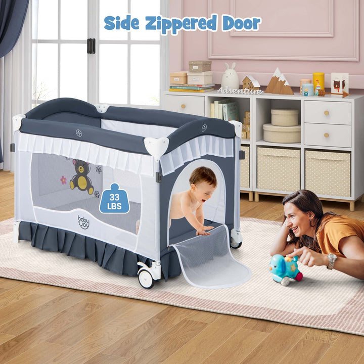 4 in 1 Portable Baby Playard Crib Bed w/Changing Table Canopy Music BoxGrey Image 3