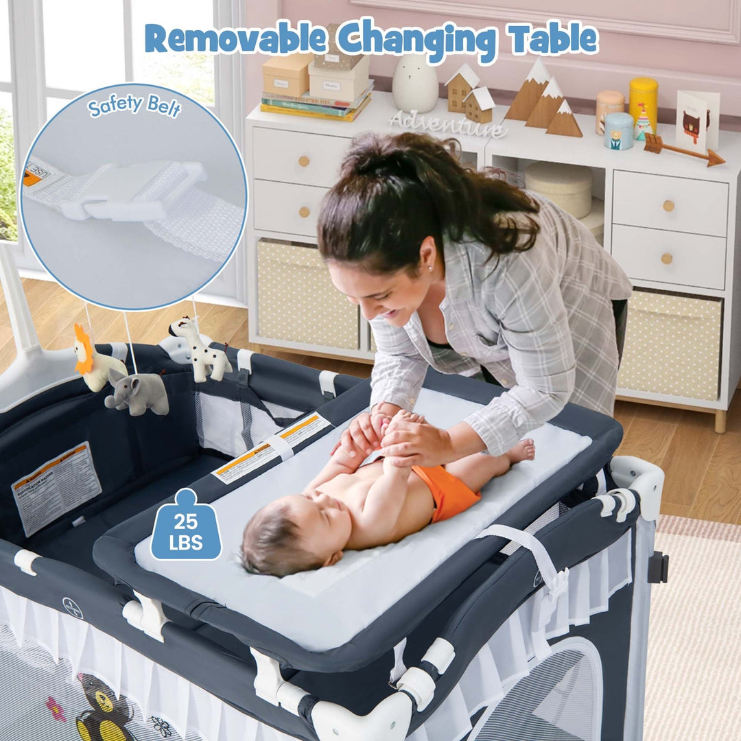 4 in 1 Portable Baby Playard Crib Bed w/Changing Table Canopy Music BoxGrey Image 6