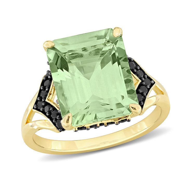 5.81 Carat (ctw) Green Quartz and Black Sapphire Ring in Yellow Sterling Silver Image 1