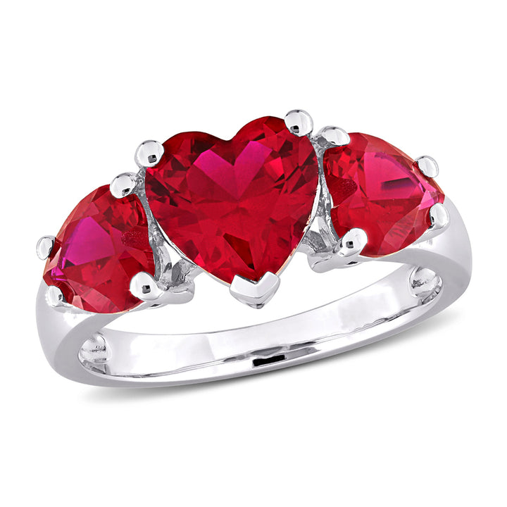 4.86 Carat (ctw) Lab-Created Three Stone Ruby Heart Ring in Sterling Silver Image 6