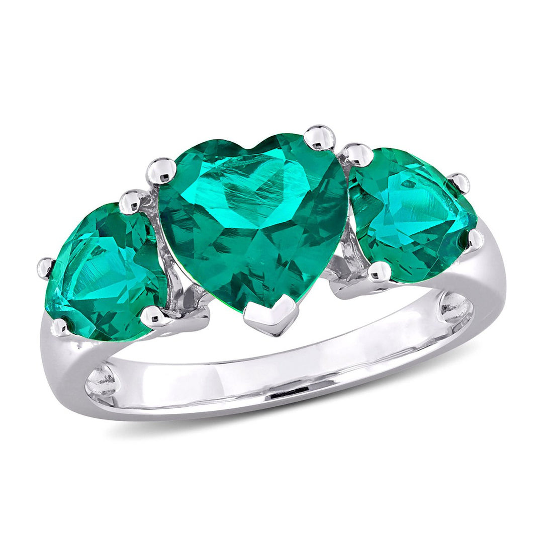 3.00 Carat (ctw) Lab-Created Three Stone Emerald Heart Ring in Sterling Silver Image 1