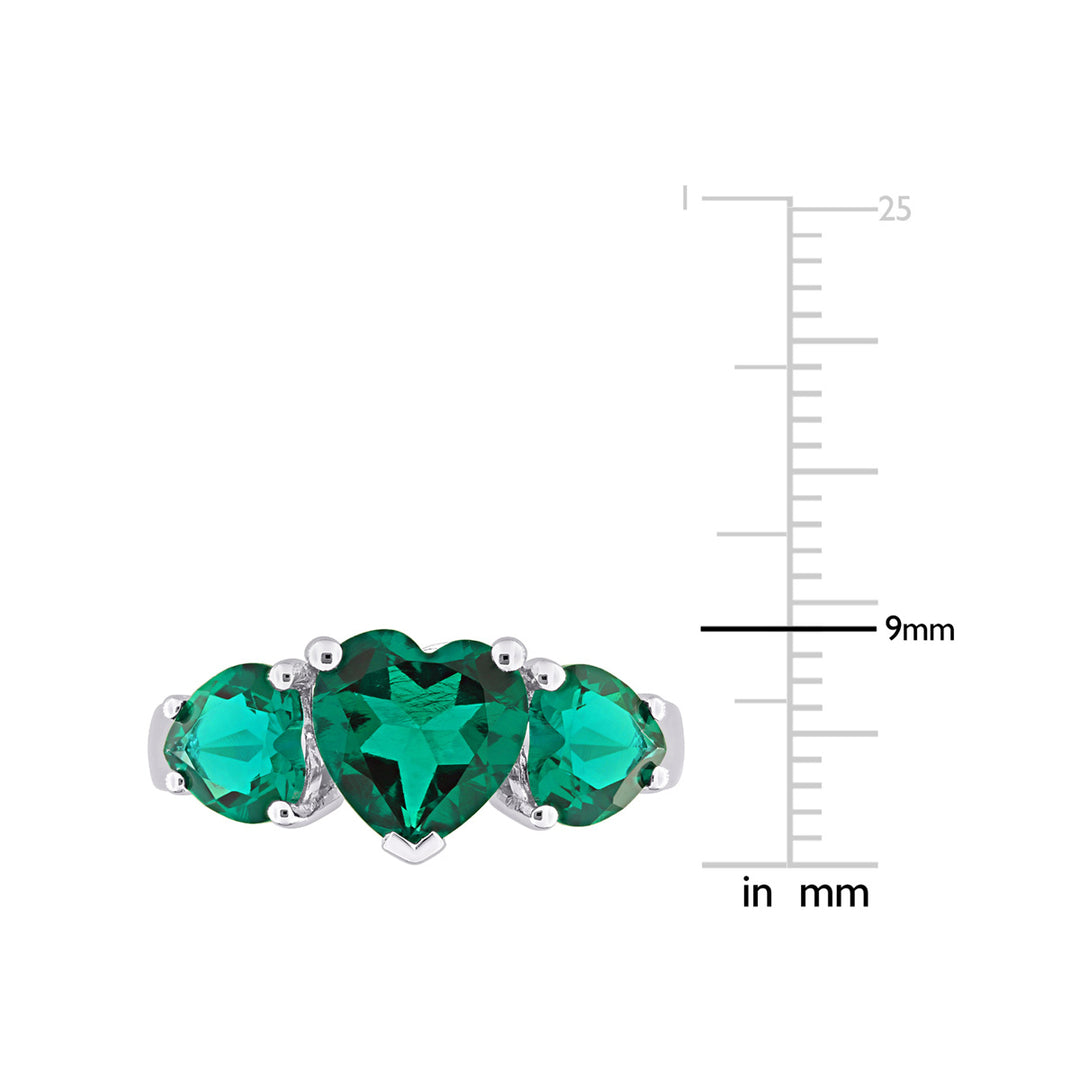 3.00 Carat (ctw) Lab-Created Three Stone Emerald Heart Ring in Sterling Silver Image 3