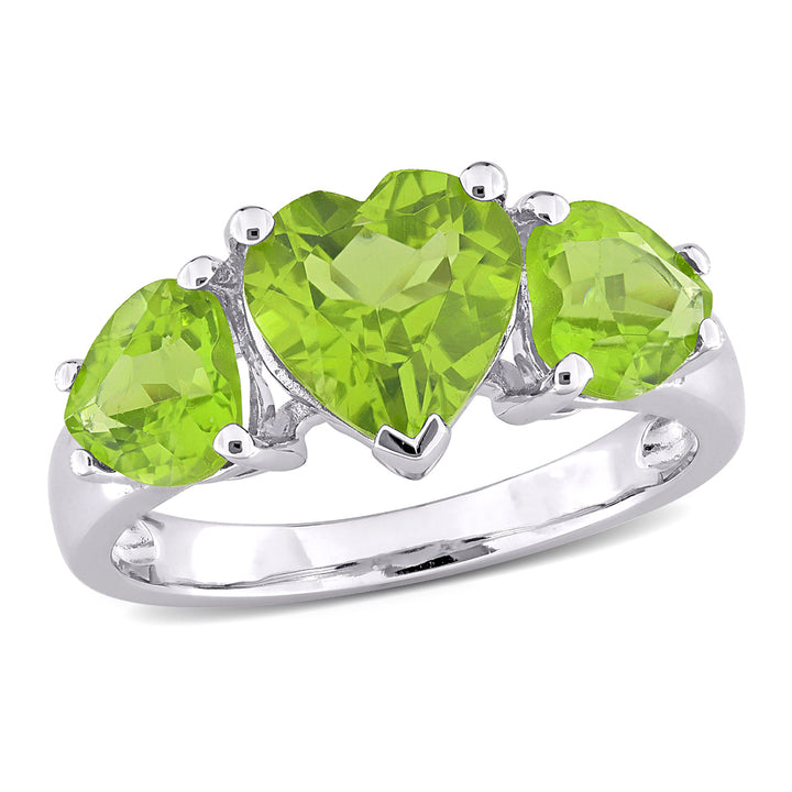 3.35 Carat (ctw) Lab-Created Three Stone Peridot Heart Ring in Sterling Silver Image 1