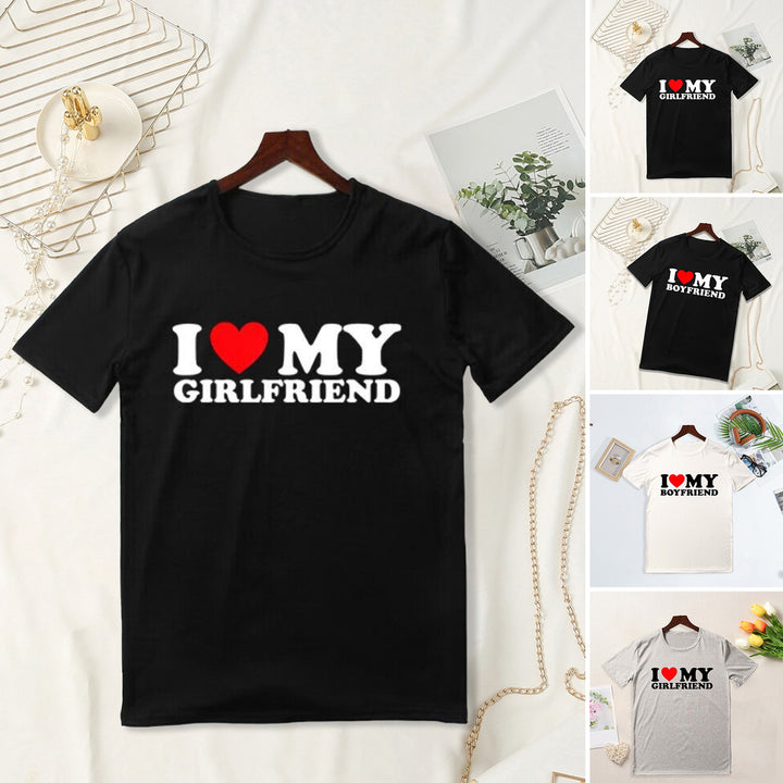 Lover Tee Tops I Love My Girlfriend I Love My Boyfriend Letter Print T-shirt O-neck Short Sleeve Loose Fit Couple Tops Image 1