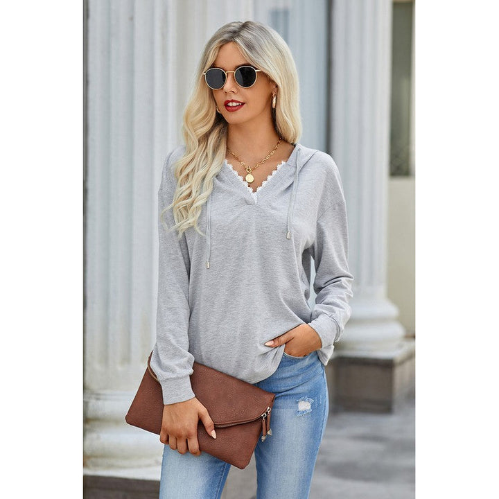 Cotton Mix Vneck Hoodie Top Image 2