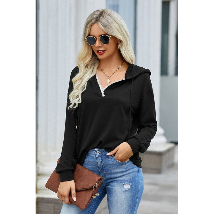 Cotton Mix Vneck Hoodie Top Image 8