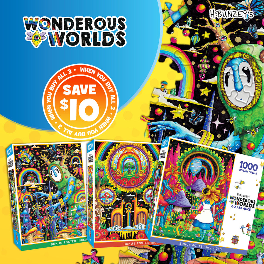 Wonderous World 3-Pack 1000 Piece Jigsaw Puzzles Eco-Friendly Psychedelic Art Image 1