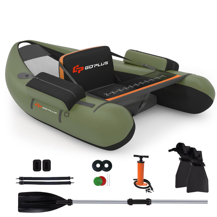 Goplus Inflatable Fishing Float Tube w/Pump and Storage Pockets and Fish Ruler Gray\Beige\Green Image 6