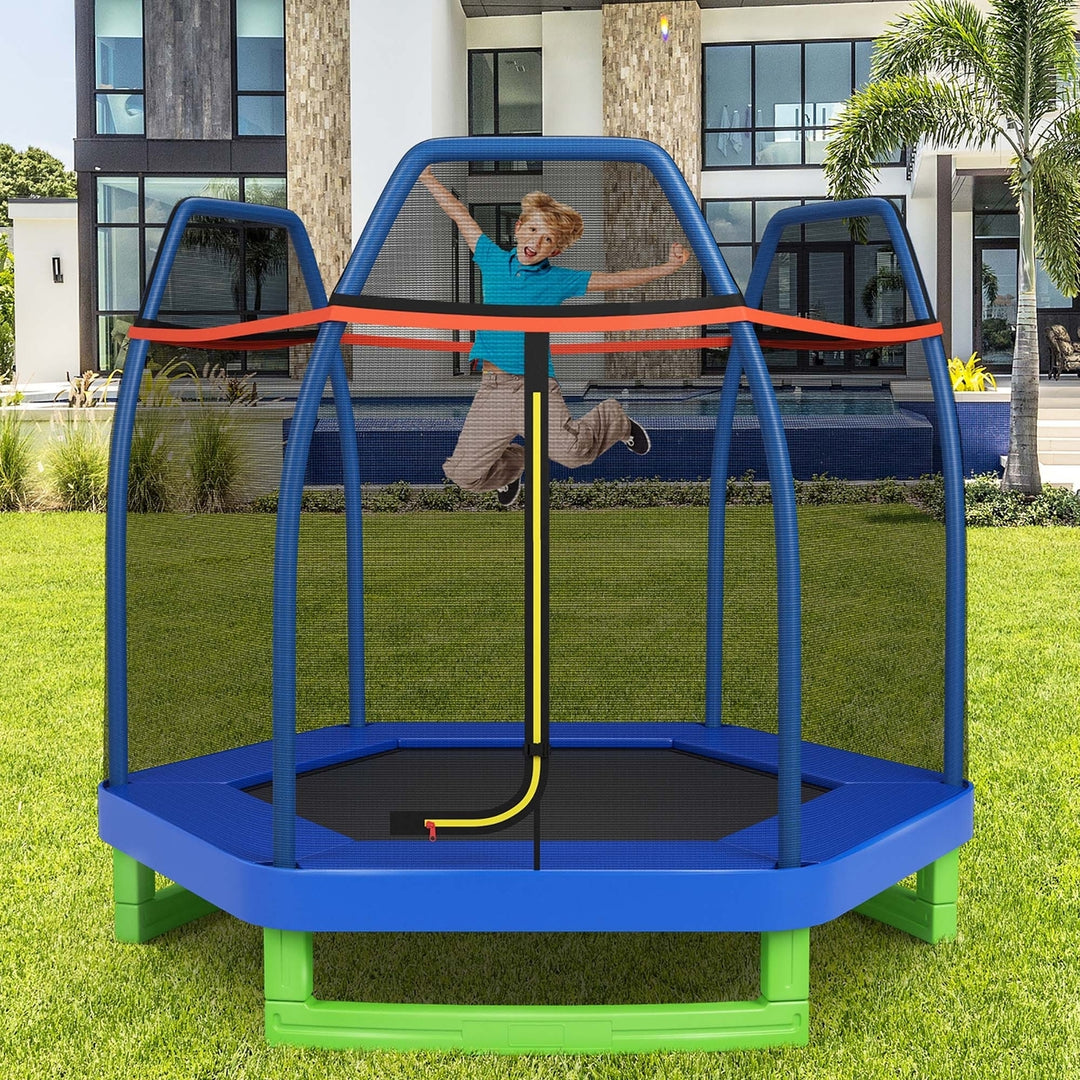 Costway 7 FT Kids Trampoline with Safety Enclosure Net Spring Pad Indoor Outdoor Heavy Duty Yellow/Blue/Green Image 4