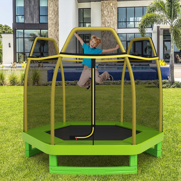 Costway 7 FT Kids Trampoline with Safety Enclosure Net Spring Pad Indoor Outdoor Heavy Duty Yellow/Blue/Green Image 4