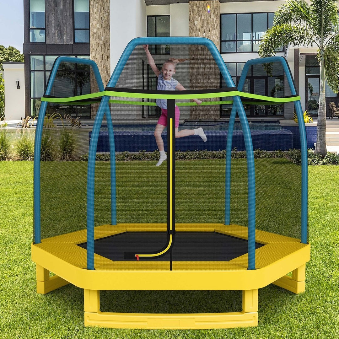 Costway 7 FT Kids Trampoline with Safety Enclosure Net Spring Pad Indoor Outdoor Heavy Duty Yellow/Blue/Green Image 1