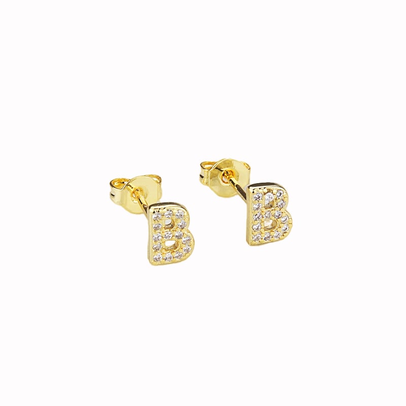 14k Yellow Gold Plated White Sapphire B Initial Stud Earrings Gift Boxed Image 1