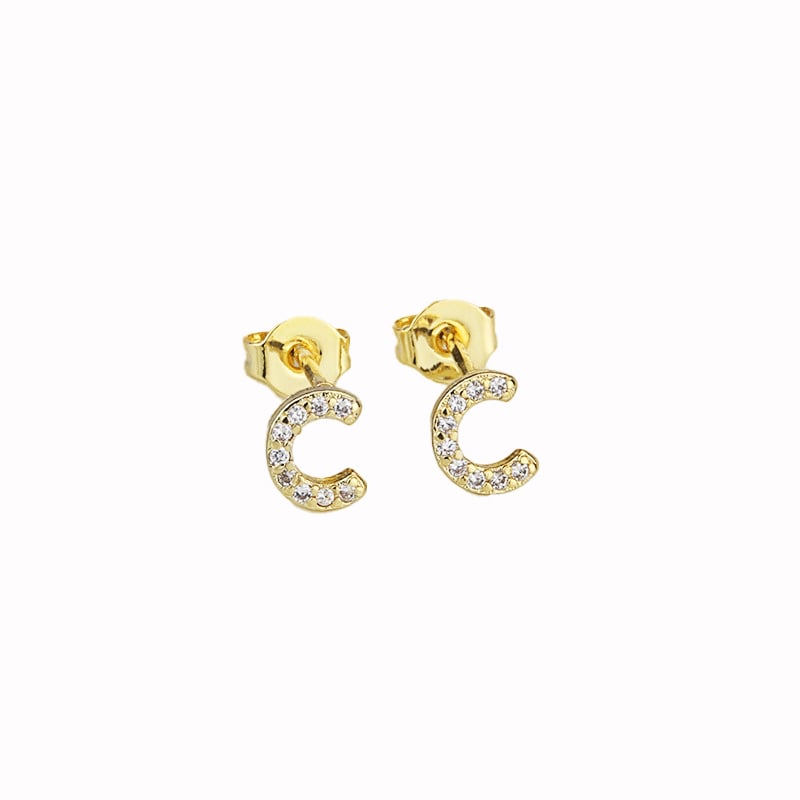 14k Yellow Gold Plated C Initial Stud Earrings with White Sapphire Gemstone Image 1