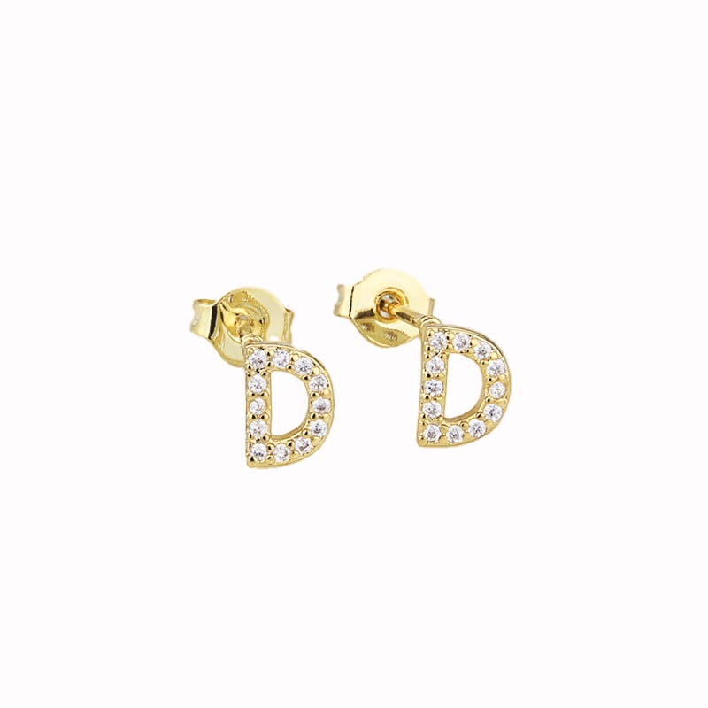 14k Yellow Gold Plated D Initial White Sapphire Stud Earrings Gift Boxed Image 1