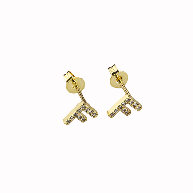 14k Yellow Gold Plated Initial F Stud Earrings with White Sapphire Stones Image 1