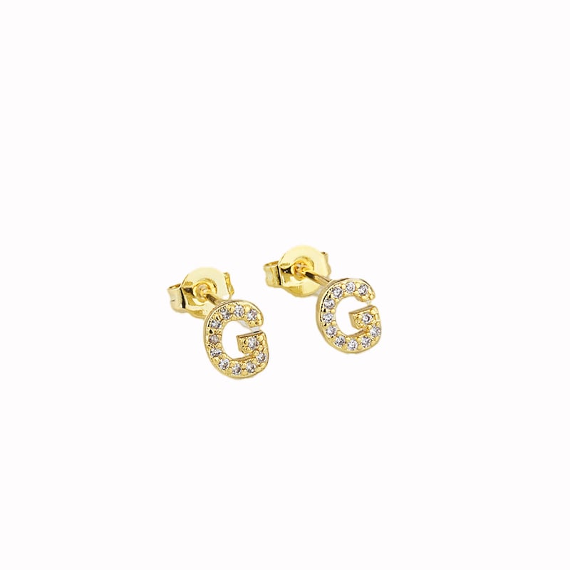 14k Yellow Gold Plated G Letter Stud Earrings with Created White Sapphire Image 1