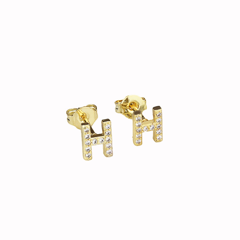 14k Yellow Gold H Initial White Sapphire Stud Earrings Gift Boxed USA Image 1