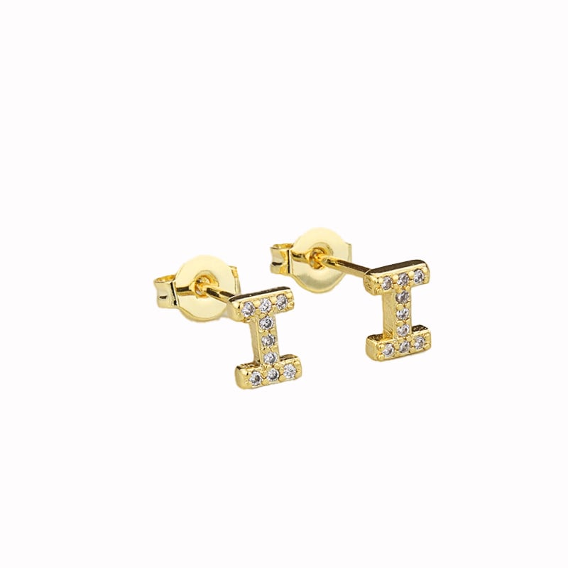 14k Yellow Gold Plated White Sapphire Initial I Letter Stud Earrings Image 1