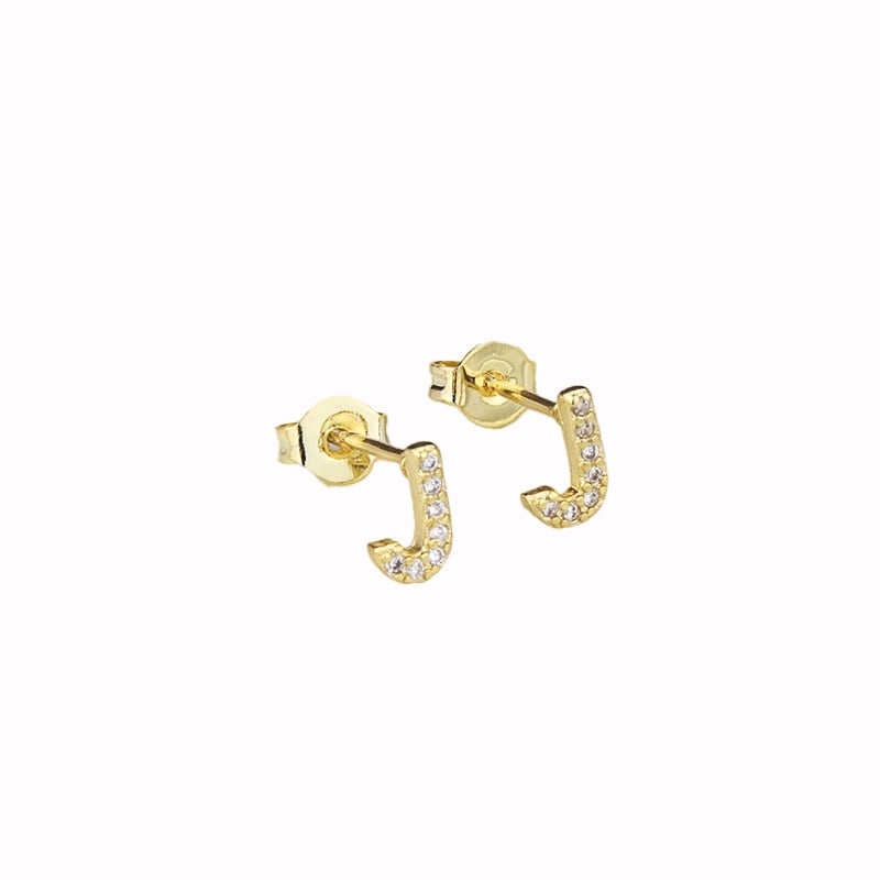 14k Yellow Gold Plated J Initial Stud Earrings with White Sapphire Stones Image 1