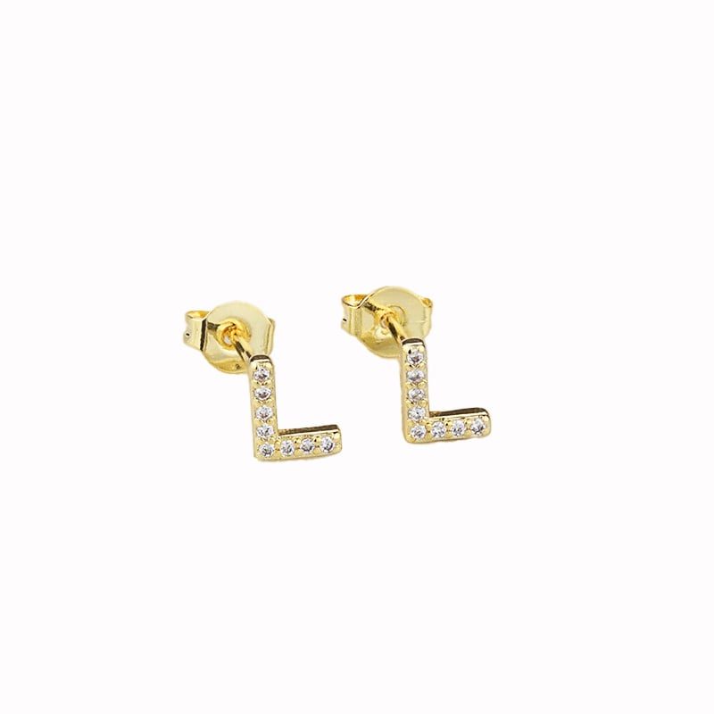 14k Yellow Gold Plated L Initial Stud Earrings with White Sapphire Stones Image 1