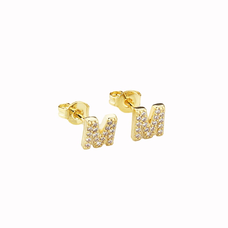 14k Yellow Gold Plated Initial M Stud Earrings with White Sapphire Stones Image 1