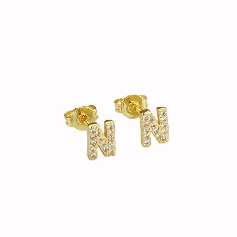 14k Yellow Gold Plated White Sapphire Initial N Stud Earrings Gift Boxed Image 1