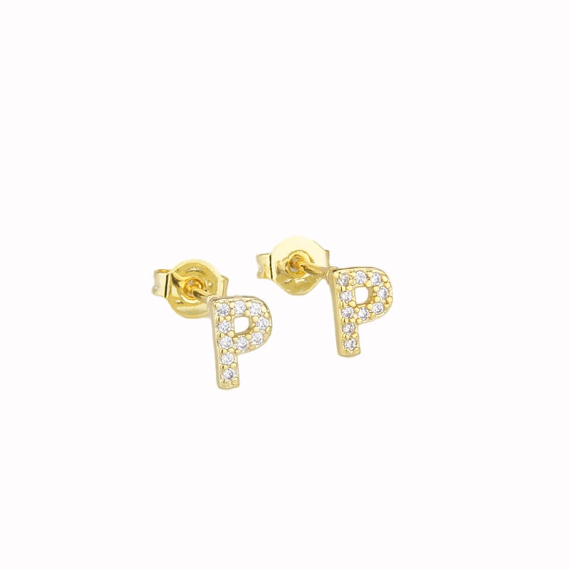 14k Yellow Gold Plated P Initial Stud Earrings White Sapphire Pushback USA Image 1