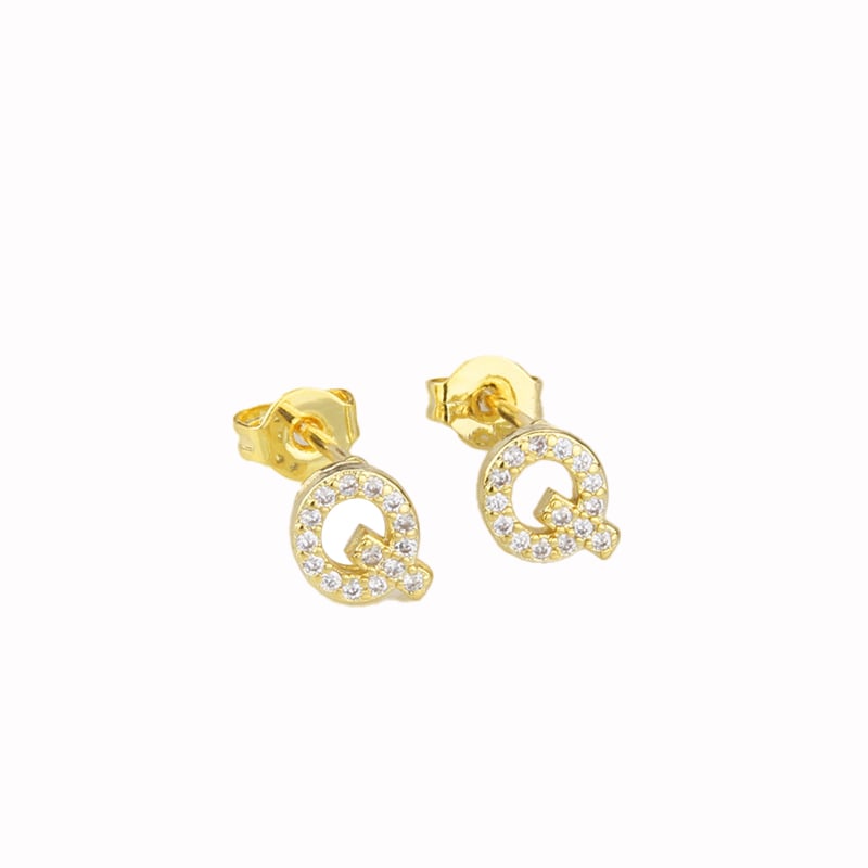 14k Yellow Gold Plated Initial Q Stud Earrings with White Sapphire Stone Image 1