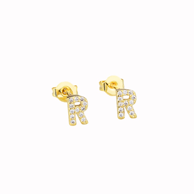 14k Yellow Gold Plated R Initial Stud Earrings with Created White Sapphire Image 1