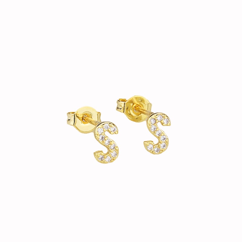 14k Yellow Gold Plated S Letter Stud Earrings with White Sapphire Gems Image 1