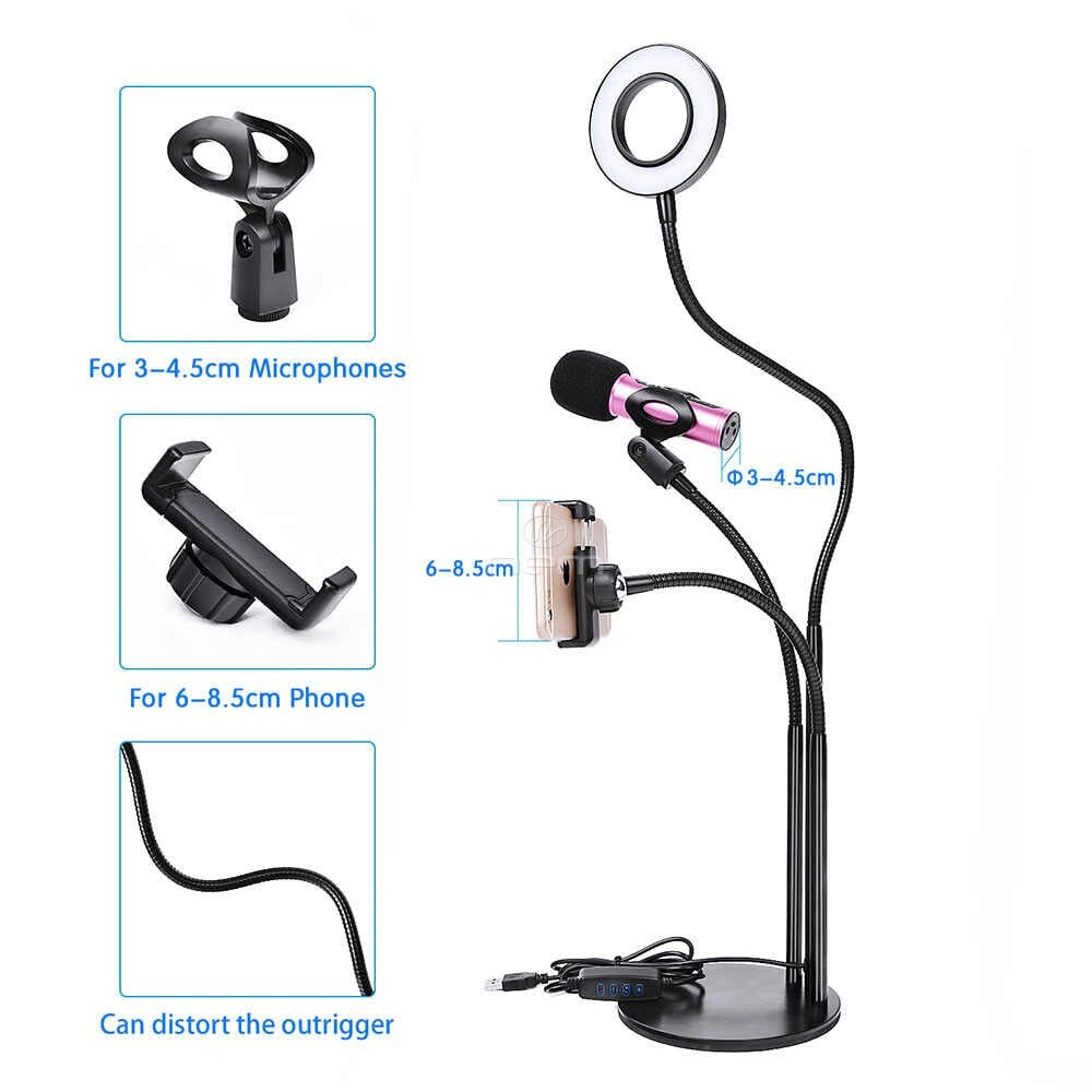 3-in-1 Multi-Color Selfie Ring Light Stand with Microphone Phone Holder Black Image 3