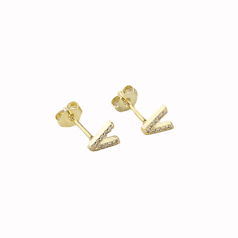 14k Yellow Gold Plated V Initial Stud Earrings with White Sapphire Round Stone Image 1